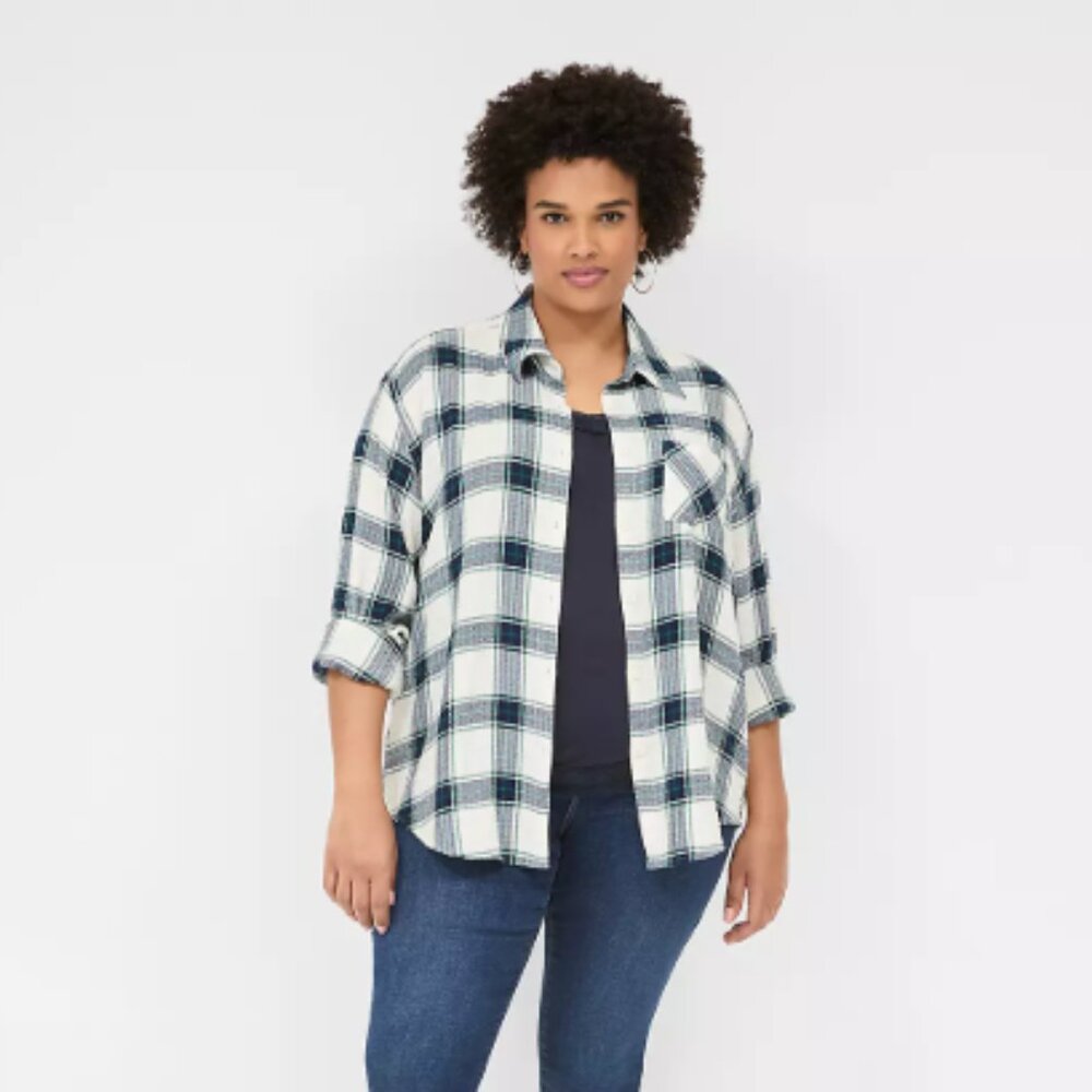 Lane Bryant Button-Down Crinkle Plaid Shirt 18/20